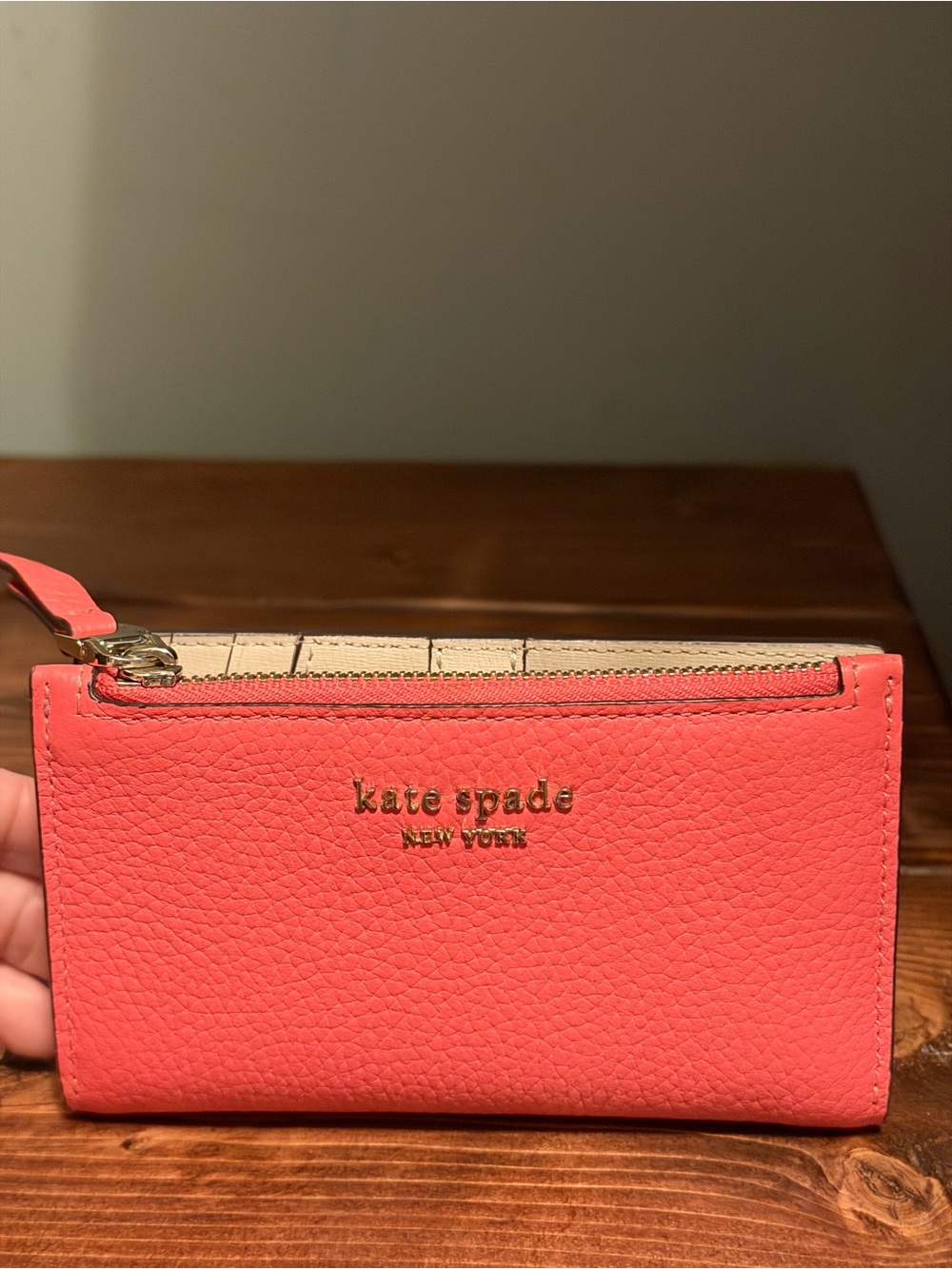 kate spade coral pink pebbled leather zip card case